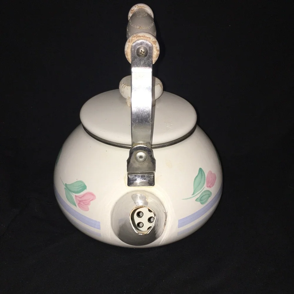 Vtg. Metal Tea Pot w/Wooden Handle & Knob on Lid White w/Pink Flowers Capri 1989